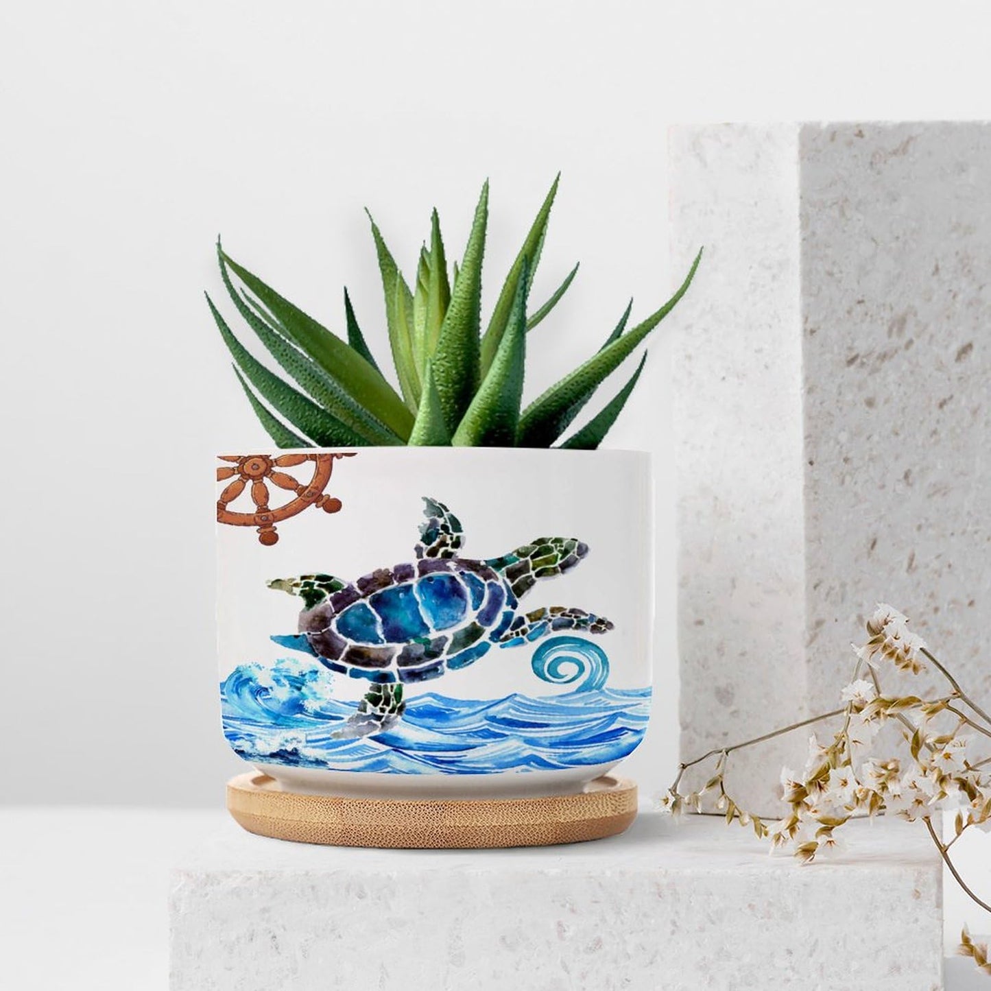DreamAutumn Ocean Theme Sea Turtle Planter Ceramic Round Plant Pots with Drainage Holes and Bamboo Tray Planting Small Flower Pots for Home Windowsill Desk Garden Indoor Outdoor Use