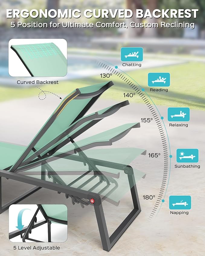 Aluminum Chaise Lounge Chair Outdoor, Foldable& No Assembly Patio Pool Lounge