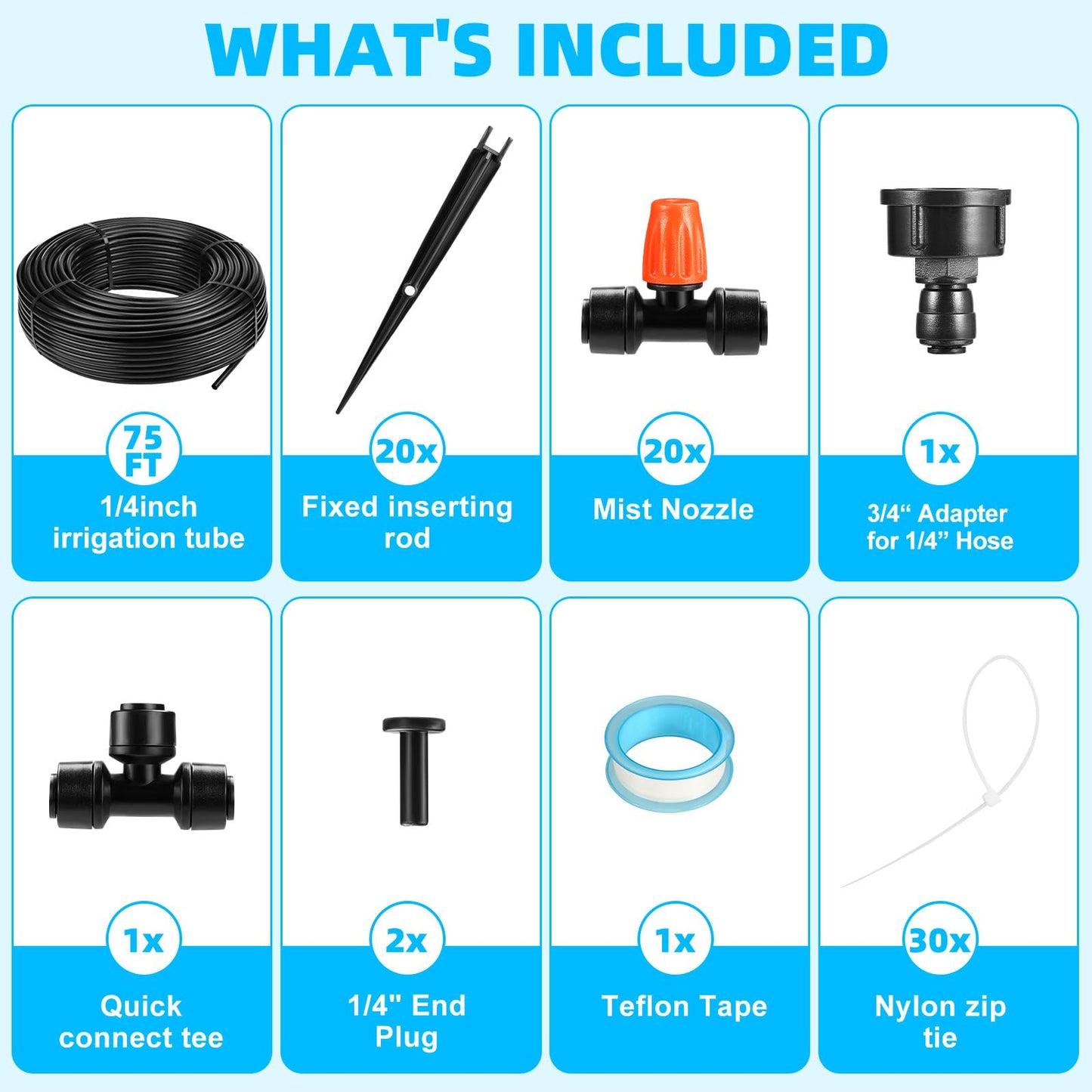 75FT Drip Irrigation System - Easy to Assemble Quick Plug Adjustable Spray Volume Garden Watering/Misting Cooling System with 1/4" Polyethylene (PE) Water Pipes for Gardens, Raised Beds, Lawns