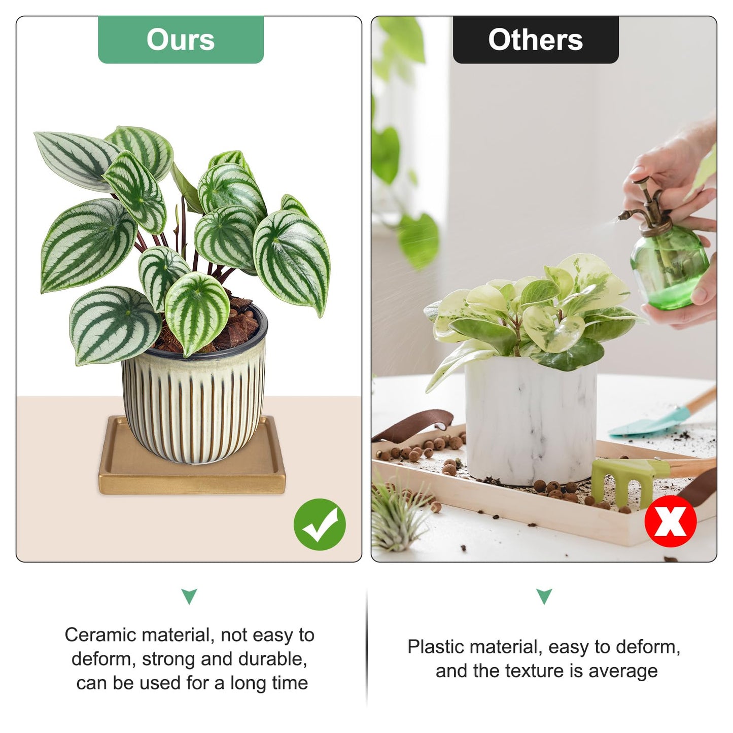 M METERXITY 2-Pack Ceramic Plant Saucer, 5 Inch Plant Water Catcher Tray, Plant Pot Saucers for Indoor/Outdoor Plants/Flower Drainage Drip Water Tray [Square Gold]
