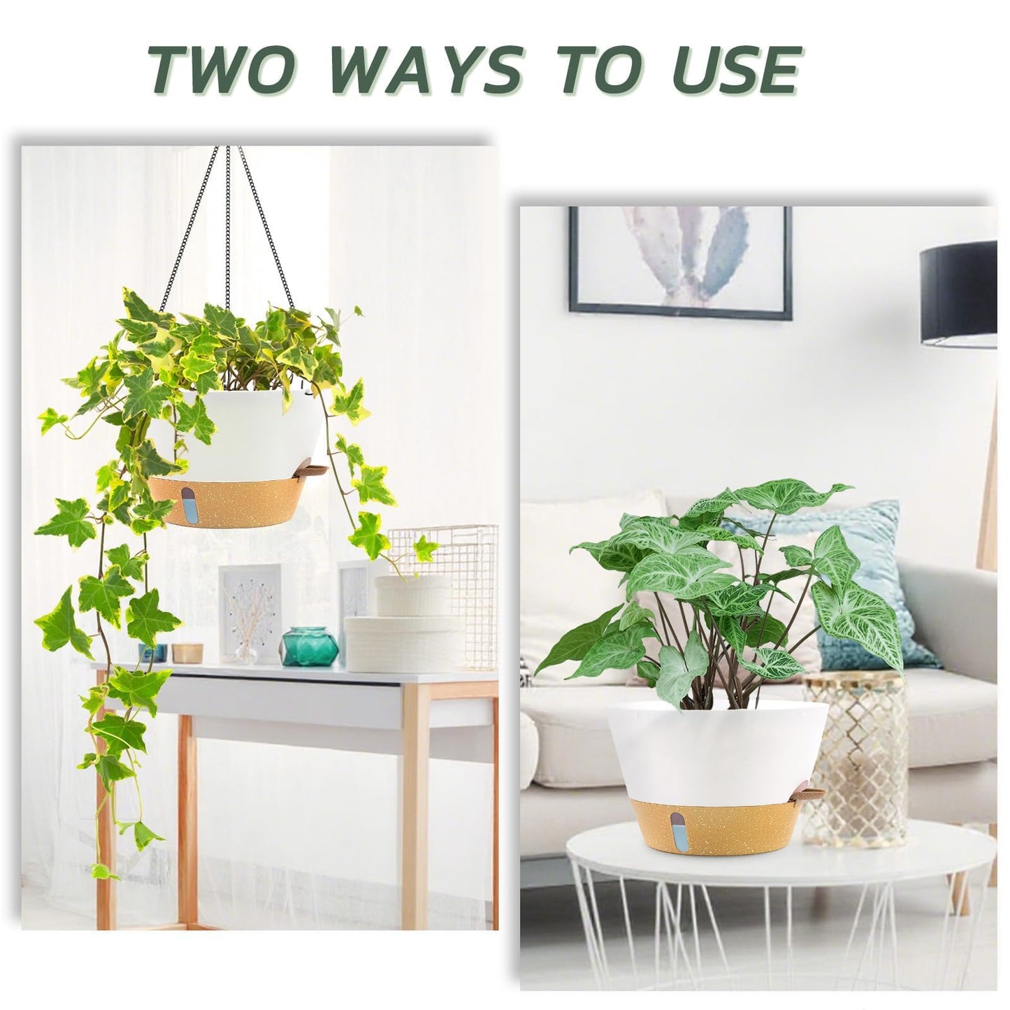 ZMTECH 2 Pack 10 Inch Hanging Planters for Indoor Plants, Modern White Hanging Planter with Visible Water Level Window & Metal Chain, Decorative Plant Hanger Indoor for Spring Balcony Decor