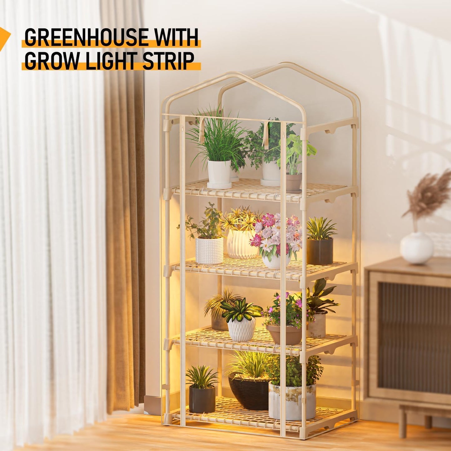 SPECILITE Indoor Greenhouse with Grow Lights - Adjustable 4 Tiers 27.6"L×19.3"W×61.4"H Mini Greenhouse with Zip PVC Cover and 45W Plant Light, Portable Green House with Timer for Winter &Indoor Plants