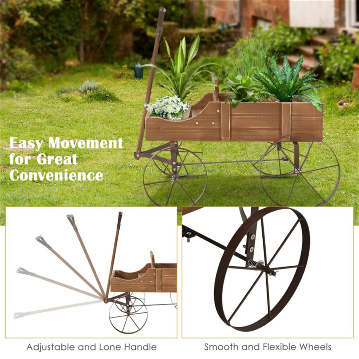 DESIGNSCAPE3D Wooden Wagon Planter Cart – Rustic Raised Garden Bed with Wheels & Handle for Outdoor Patio, Yard, Backyard, Brown Fir Wood Flower Box