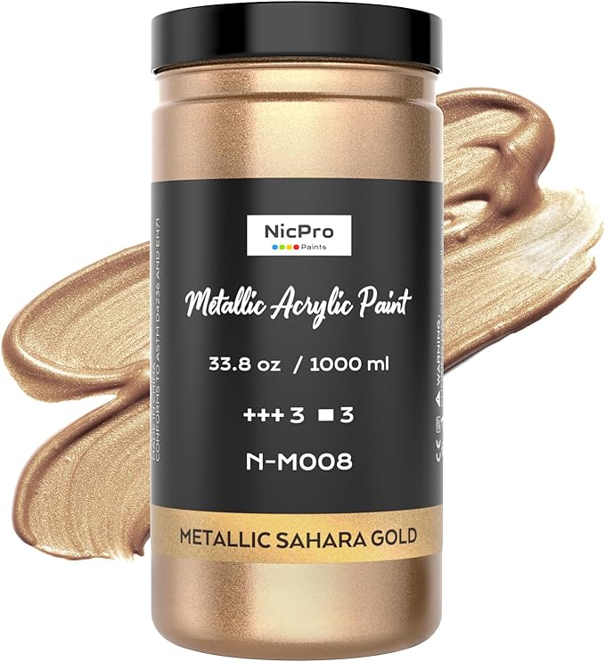 Nicpro Metallic Sahara Gold Acrylic Paint 33.8oz/1000ml, Non Toxic Non Fading