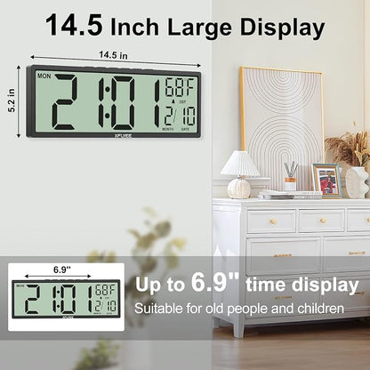 14.5'' Large Digital Wall Clock Battery Operated with Jumbo Numbers, Auto DST, Day, Date, Alarm, Temperature for Living Room, Bedroom, Desk Decor, Gift, LCD Screen Display Easy to Read and Set