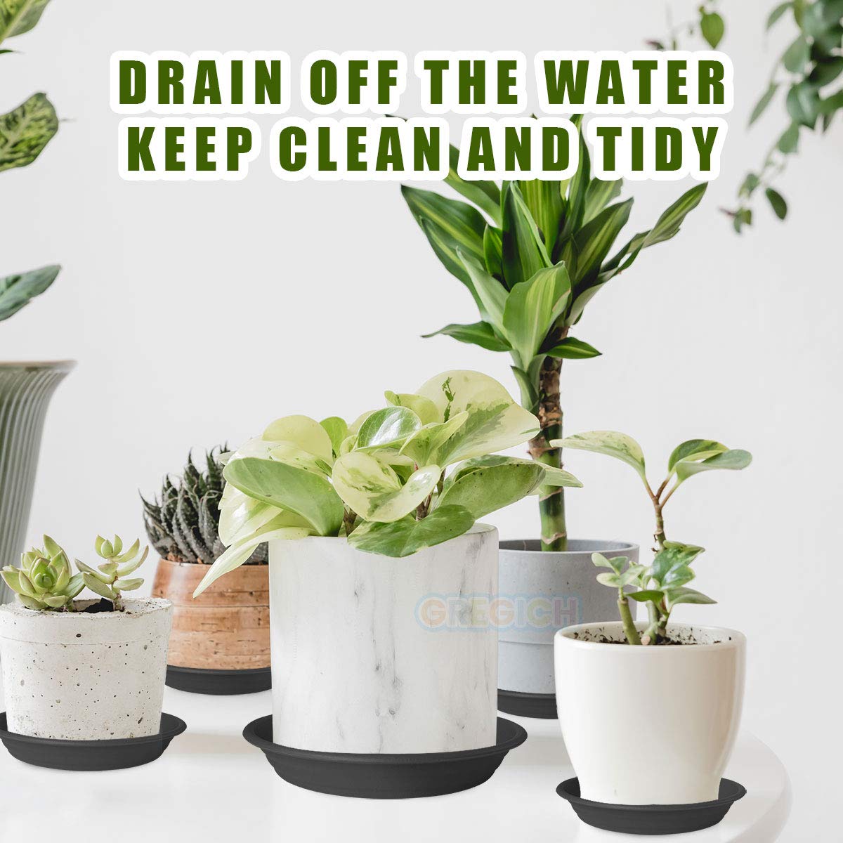 GREGICH 6 Pcs Plastic Plant Saucer 6 8 10 inch Assorted Sizes, Thick Multi Size Pack Plant Tray for Pots Indoors Potted Plant Water Catcher Tray Flower Planter Base Drainage Drip Dish Plate Outdoor