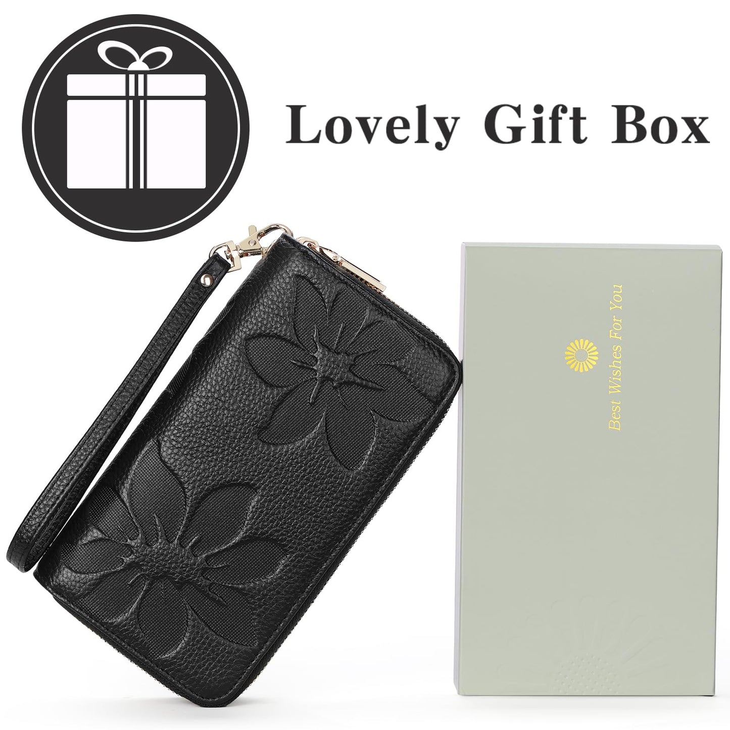 GOIACII Women's Wallet Large Capacity Double Zip Around Credit Card Holder Leather Ladies Wallet with RFID Blocking Phone Wristlet Purse Black