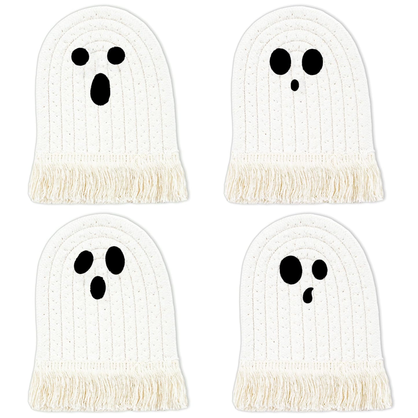 Whaline Halloween Ghost Cotton Coasters Cute White Ghost Shape Handmade Braided Drink Coasters with Tassel Absorbent Cup Mats for Trick or Treat Party Home Table Decor, Set of 4