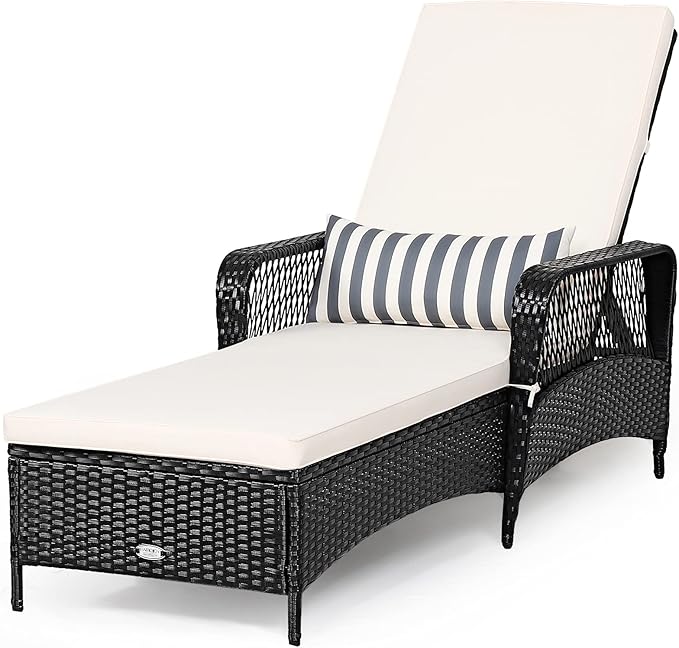 COSTWAY PE Rattan Chaise Lounge Chair Armrest Recliner Adjustable Pillow Black