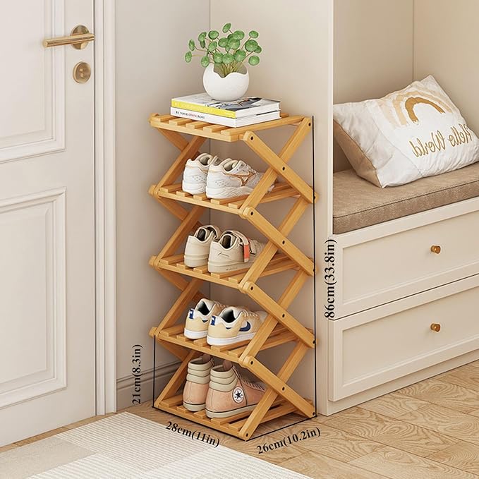 Foldable Shoe Rack, Bamboo Vertical Shoe Organizer Tall