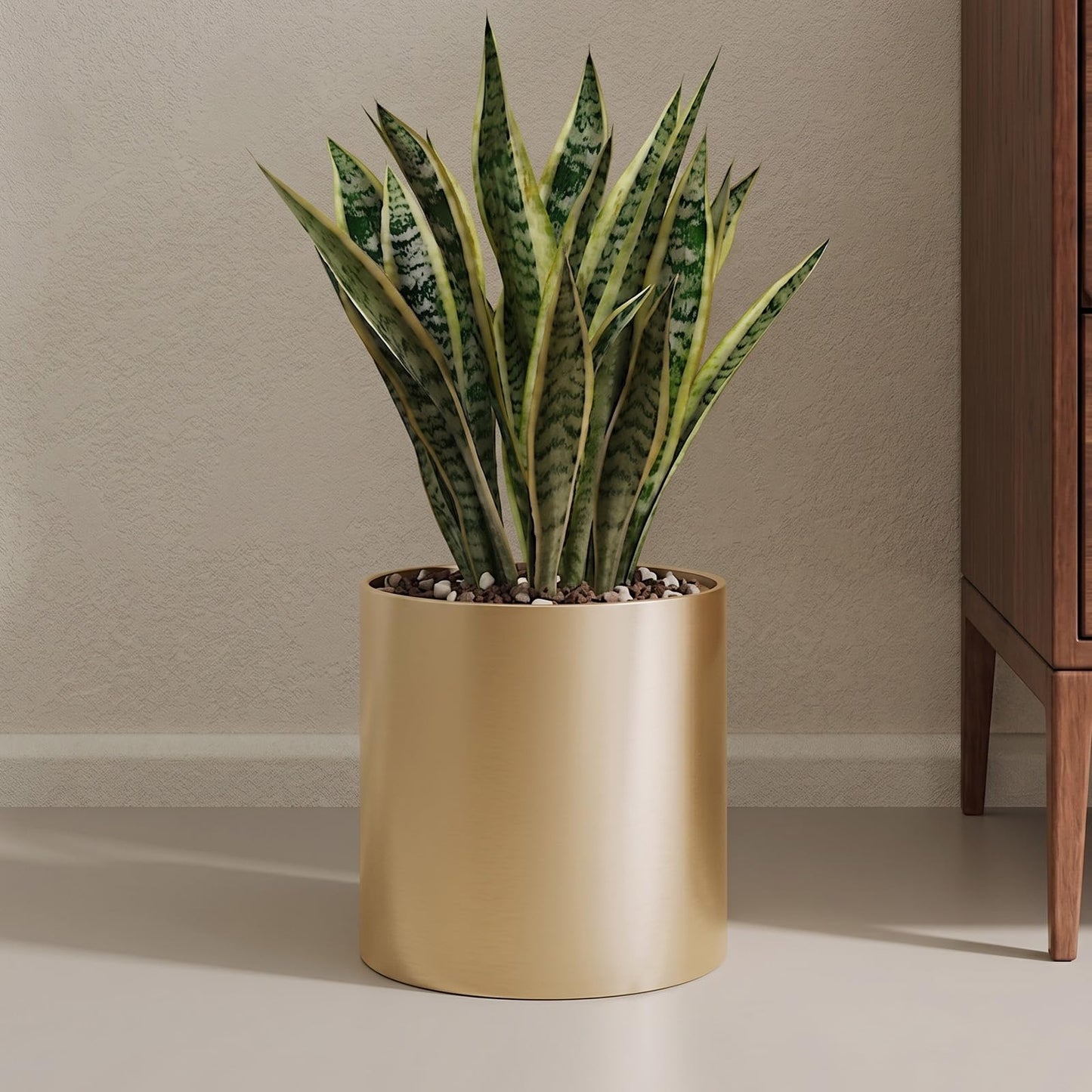 Rioneta Gold Metal Plant Pot with Drainage Hole,7 Inch Mid Century Modern Small Pot Indoor Outdoor Planters for Succulents, Flowers & Home Decor Gift Window Living Room Bedroom