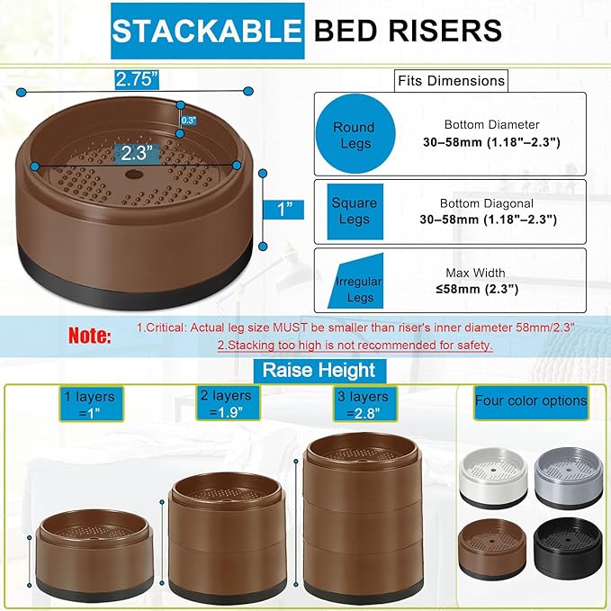 Bed Risers 1 inch, 2 inch, 3 inch, 4 inch Heavy Duty, Adjustable Furniture Riser