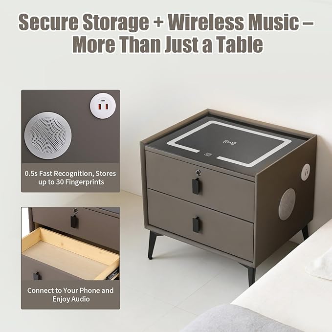 Smart Nightstand with Charging Station, Adjustable LED, USB Ports, Fingerprint