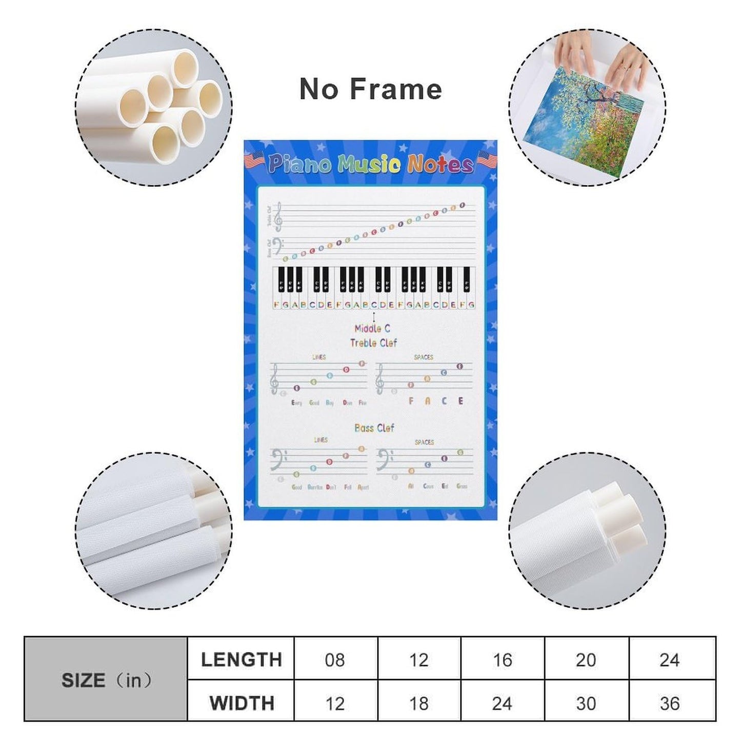 LINWDSB Music Notes Poster - Learn How to Play Piano - Notes Chart - Instructor - Music Classroom Unframe style-2 12x18inch(30x45cm)