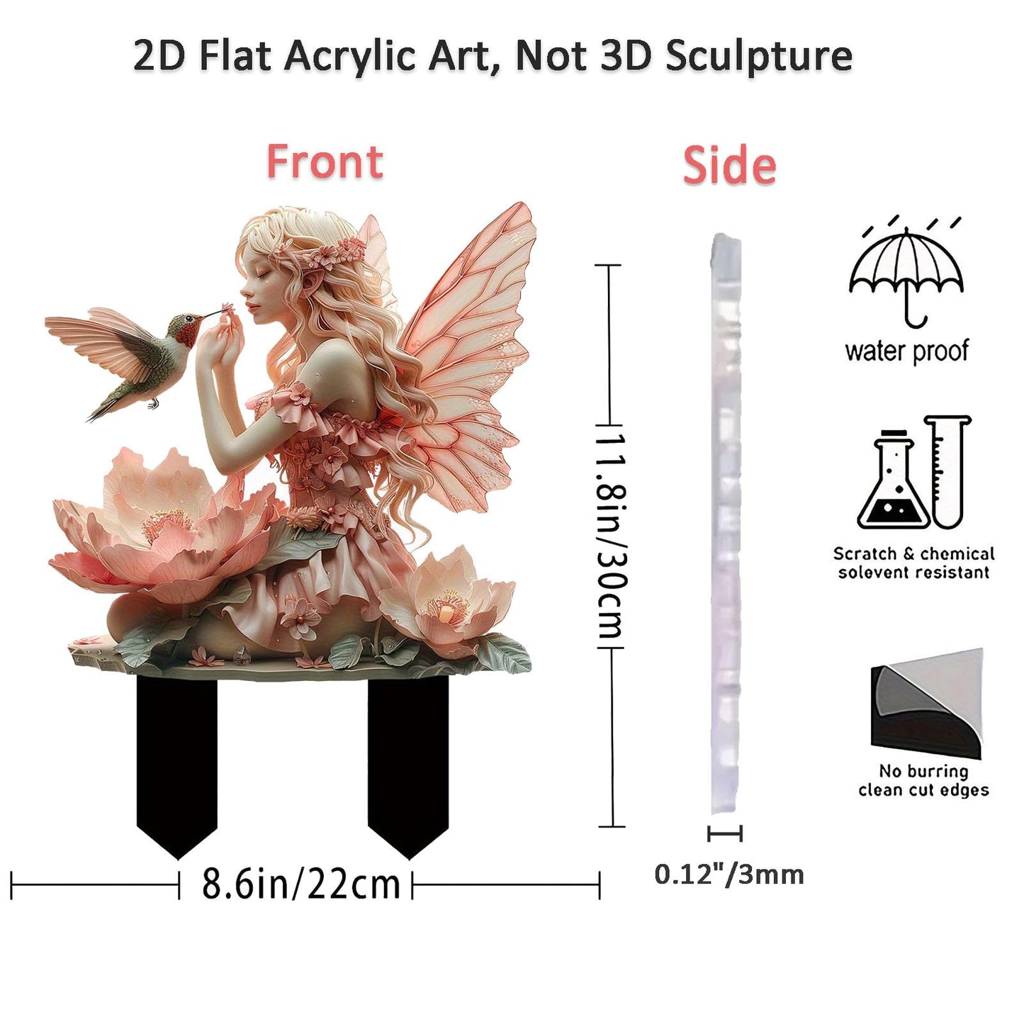 ANNUOZE Fairy Garden Stake Decor, 2D Flat Acrylic Fairy Garden Decor Panel, Elf Yard Sign for Outdoor Indoor Yard Lawn Plants Pots, Fairy Yard Accessories (Fairy and Hummingbird)