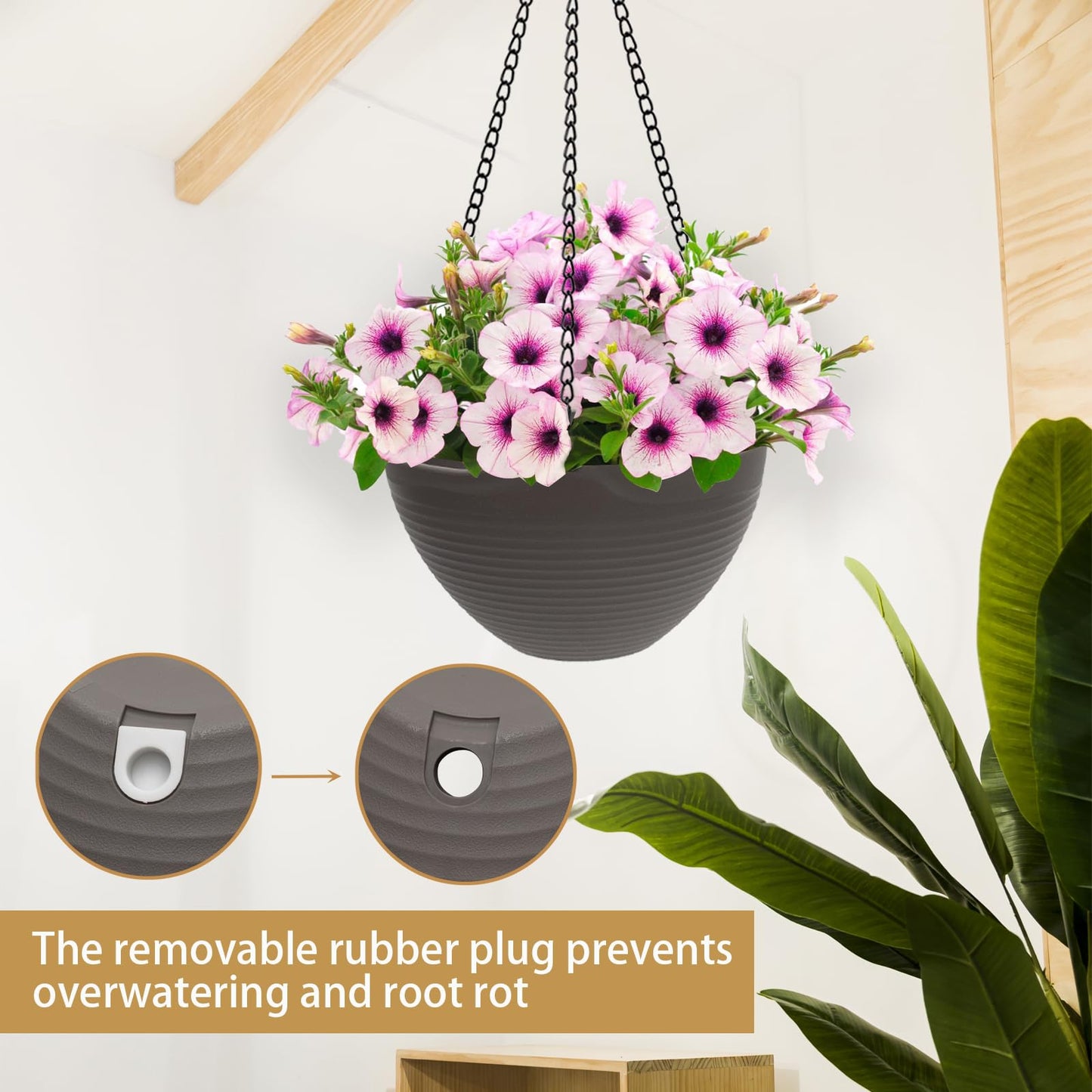 One Boat Hanging Planters for Indoor Plants 3 Pack - 7/8/10 Inch Plastic Hanging Pots with Water Sieve Mesh, Small Hanging Pots for Home Garden, Porch, Balcony & Patio Decor, Black