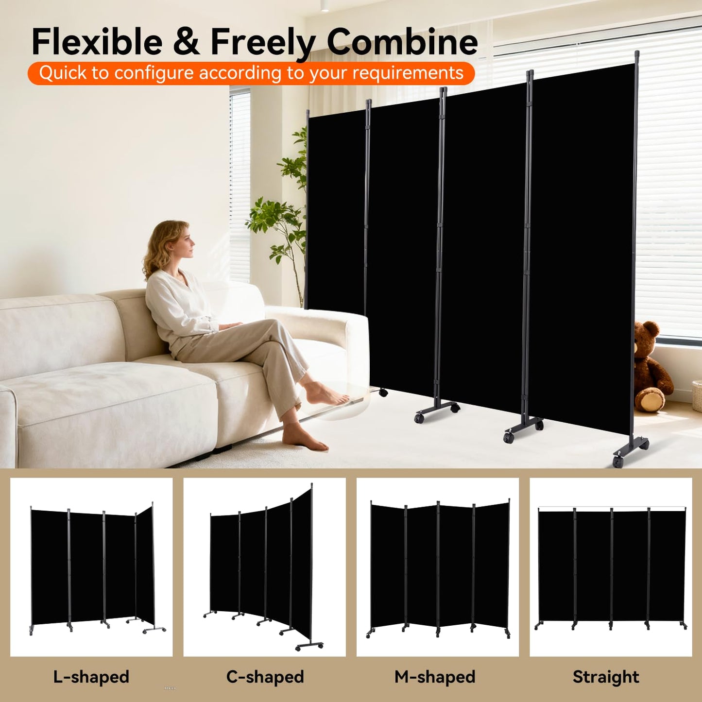 Room Divider 88''W Wall Divider for Room Partition (Heavy Duty Base) 4 Panel Partition Room Dividers, Freestanding Room Divider Screen Separation W/Wheels Folding Privacy Screen Panel Space Separator