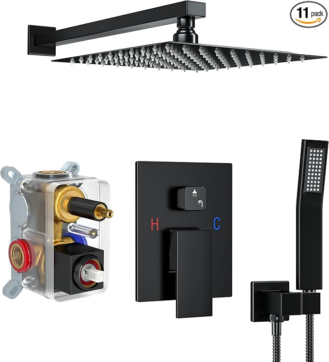 Matte Black Shower System with 10-Inch Rain Showerhead and Handheld | Innovative air-injection technology for low pressure, high-flow rate up to 3.22 GPM ensuring powerful consistent stream
