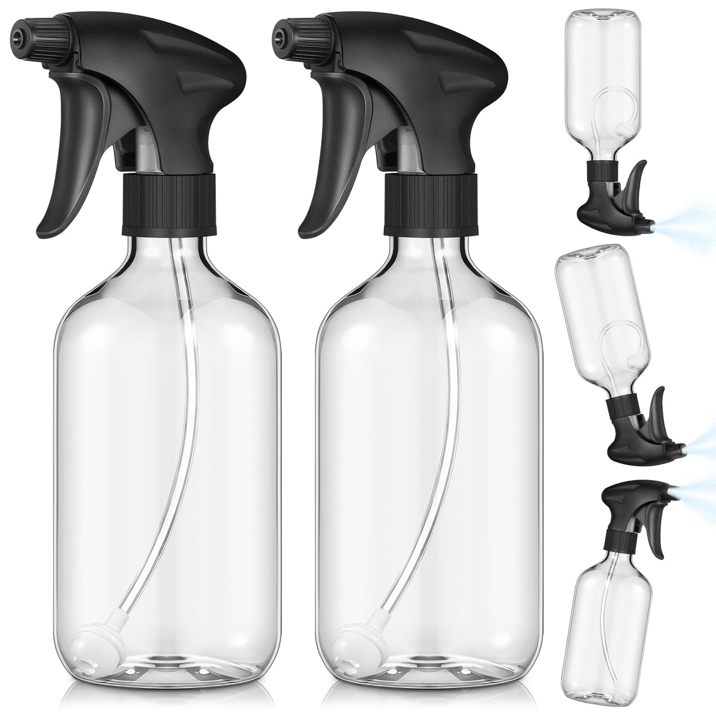 Baderke 2 Pcs Spray Bottle, 16 oz Plastic Spray Bottles for Cleaning 360° Upside Down Sprayer Bottles for Cleaning Solutions, Durable Nozzle W/fine Mist and Stream Setting(Clear)