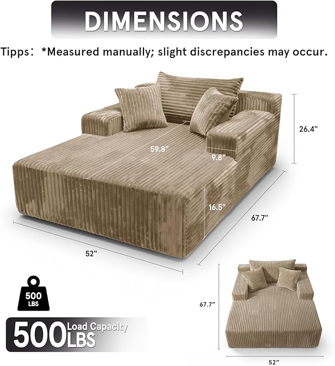 Sytopia Chaise Lounge with Armrests, Oversized Sofa Bed with 3 Pillows