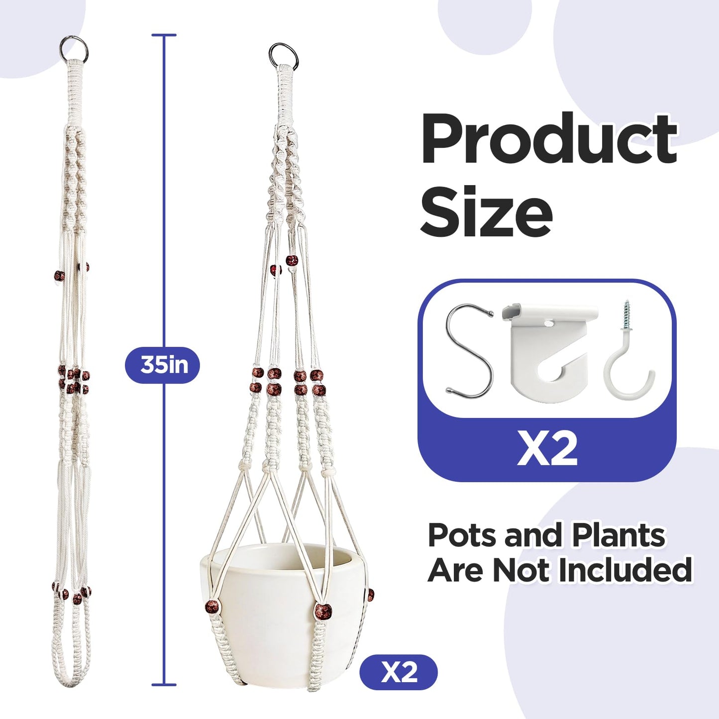 CollectHall 2 Pack Macrame Plant Hanger with Drop Ceiling Hooks, Hanging Planter with Wooden Bead, No Tassels for Indoor Outdoor Boho Office Classroom Decor, 35 Inches (Pots Not Included)