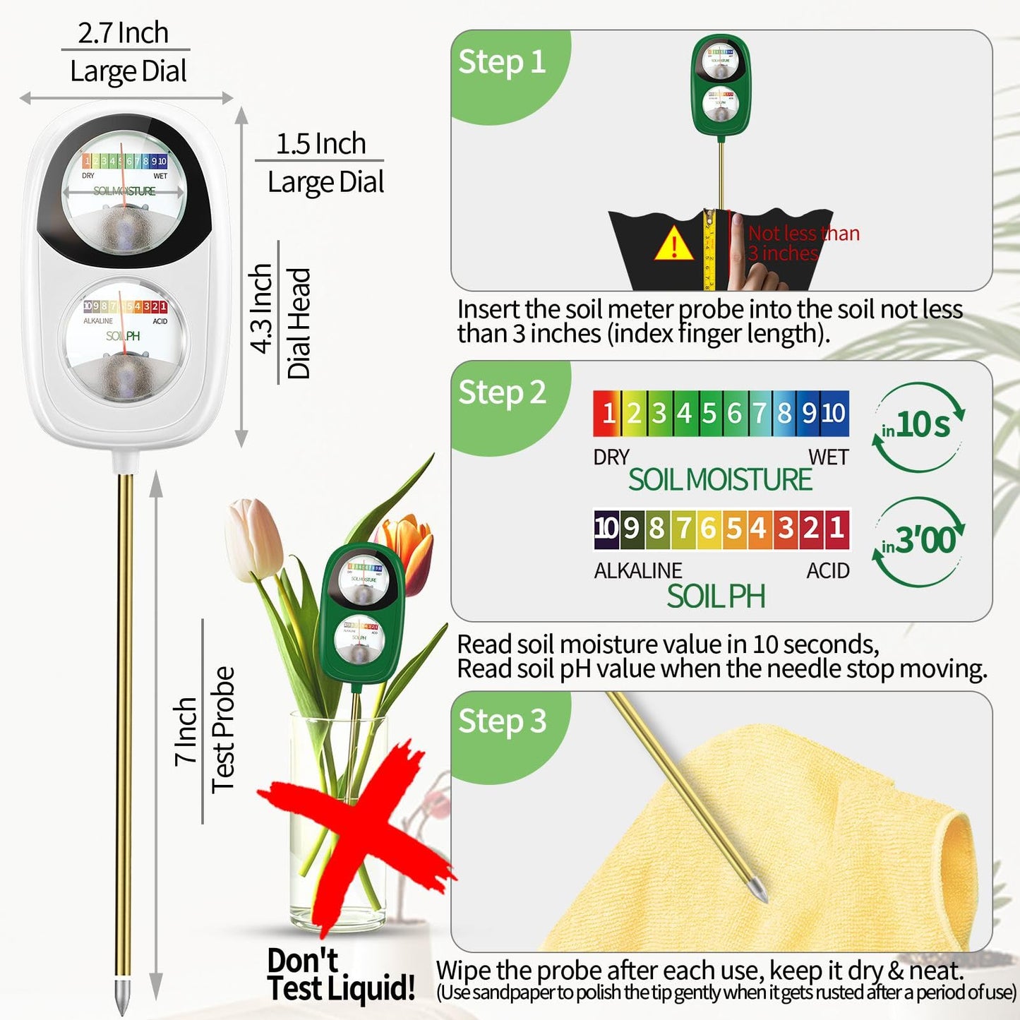 Aenncci Soil Test Kit, 2-in-1 Soil Moisture Meter, Soil pH Tester, Large Dual Dial Soil Meter for Plants, Garden Soil, Lawn, Farm, Outdoor & Indoor Use-White