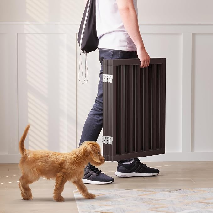 Freestanding Bamboo Wood Dog Gate Indoor, 4-Panel Pet Gates with 2 Stands and 360° Hinge for Doorways and Stairs, Puppy Gate for The House, Fully Assembled Safety Fence 74" W x 24" H - Espresso