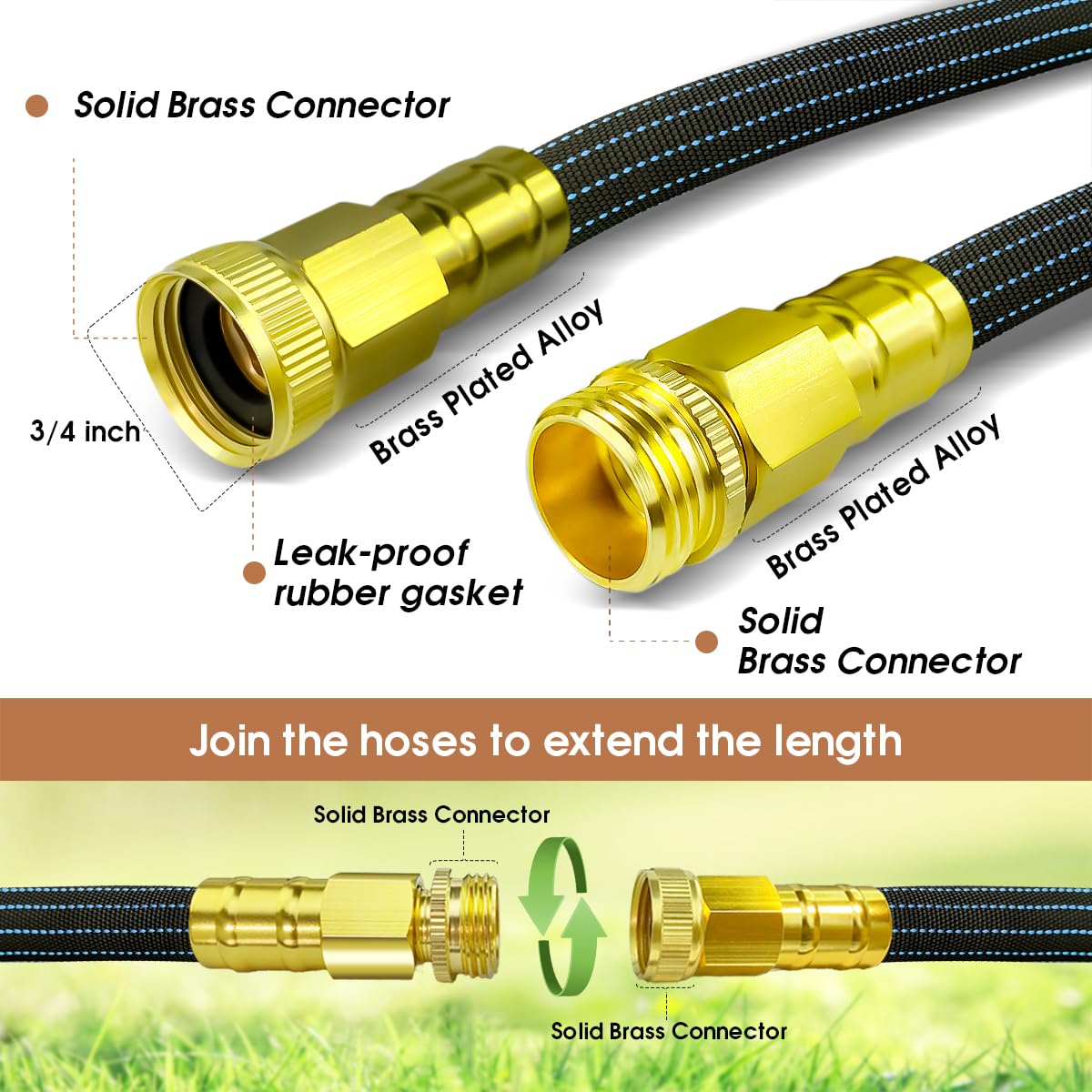 10FT Lightweight Flexible Garden Hose,Non-Slip Handles,Non-kink Hose,Solid Brass Fitting for Boats, RV Water Hose,Marine Washdown,Lawn,Garden,Leakproof TPE Hose (BlueBlack, 10 Ft)