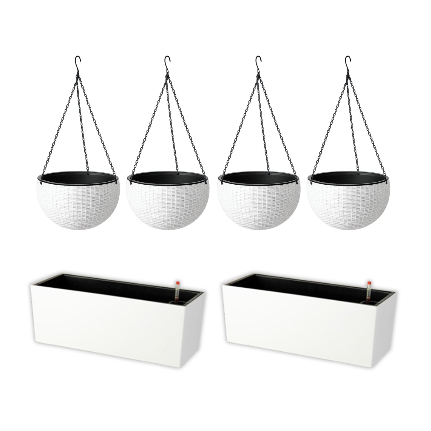 LaLaGreen Bundle- 4 Pack, 11 Inch Self Watering Hanging Basket + 2 Pack, 14 Inch White Rectangular Planter Window Flower Box with Bracket Round Plant Pots Outdoor Balcony Patio Porch Deck Garden Decor