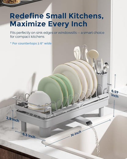 Nacial 2-in-1 Small Dish Drying Rack Fits 14''–21.8'' Sink, Dish Drainers for Kitchen Counter Extend Kitchen Sink Drain Basket with Utensil Holder & Auto-Drain Tray, Stainless Steel Plate Rack, Gris