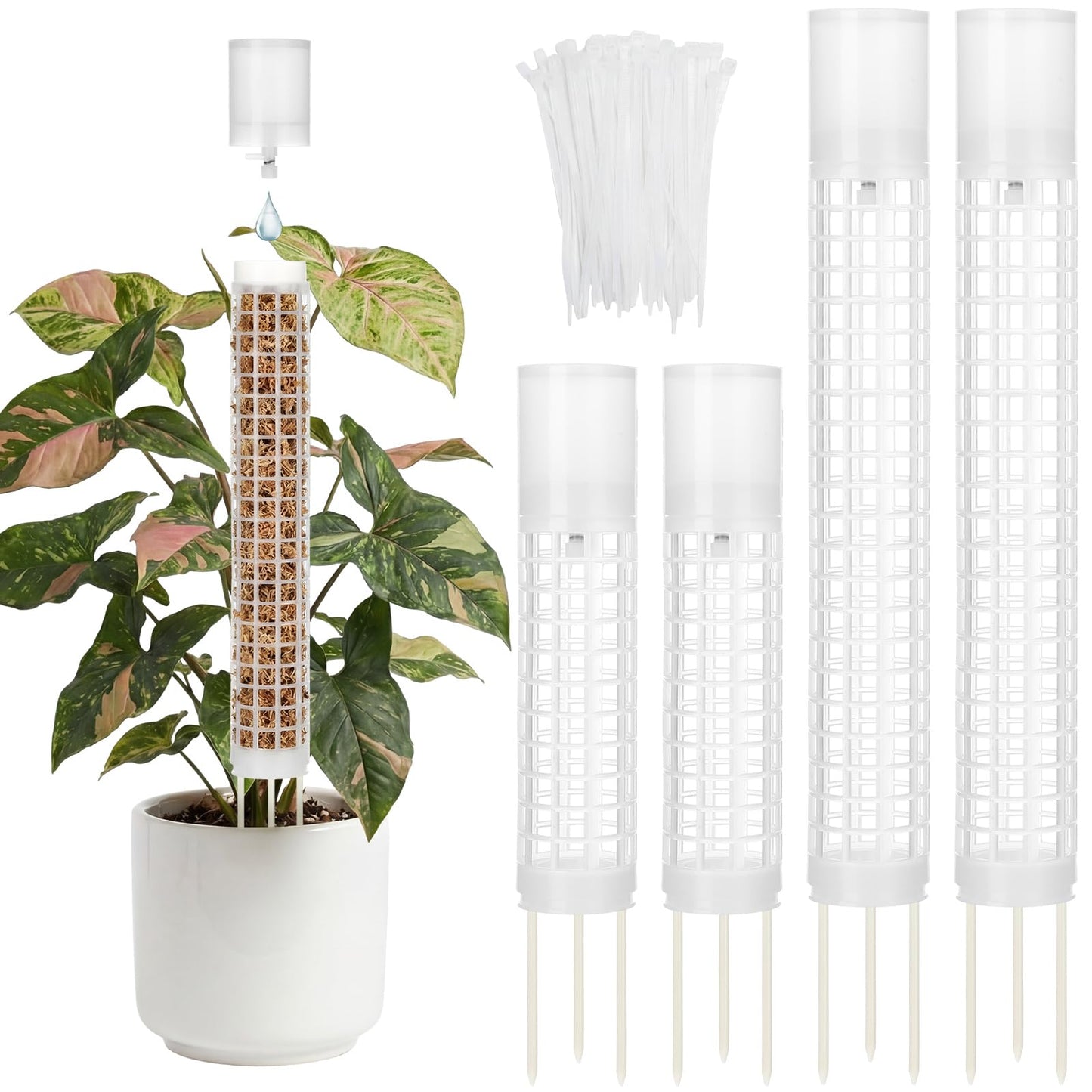 Joyfolk 4 Pack Self-Watering Plastic Moss Stake for Monstera Plant Support Multi-Size Stackable and Refillable Plastic Moss Stakes for Climbing Plants with Large Mesh Design