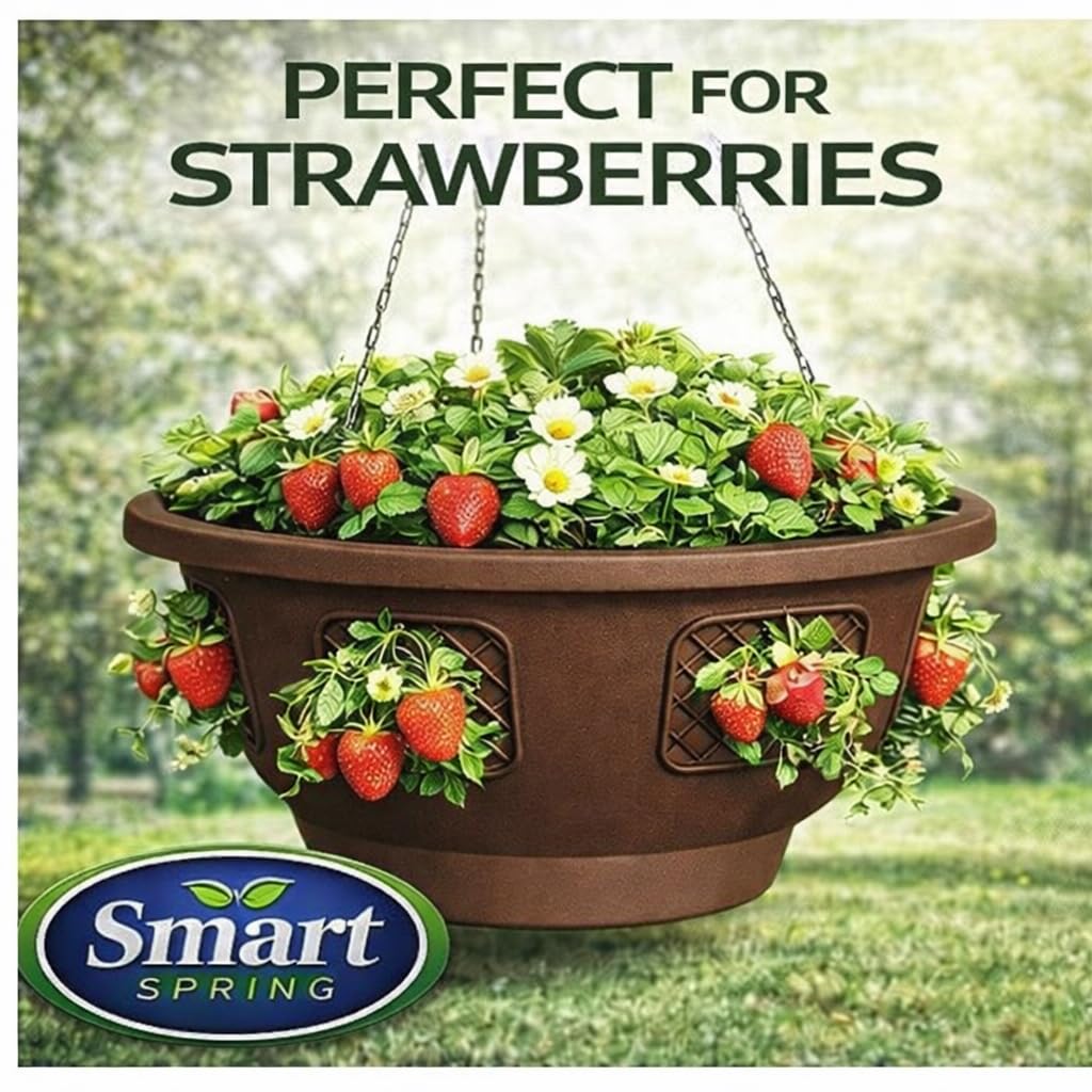smart spring Ultimate Hanging Baskets - Strawberry, Tomato, Flower, and Herb Outdoor Planters - Use Garden Pots for Growing Plants Outside On A Deck, Fence, or Balcony (Mocha 2pk)