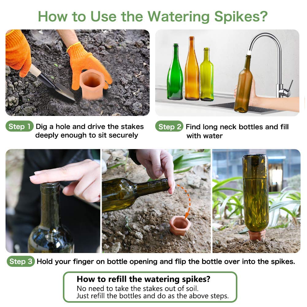REMIAWY Plant Watering Devices - Terracotta Vacation Self Plant Waterer Spikes Wine Bottle Stakes Slow Release Devices for Indoor Outdoor Plants (10 Pack)