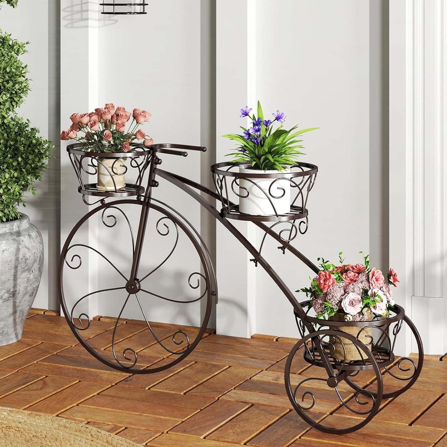 Metal Bicycle Plant Stand,3-Tier Tricycle Planter with Hollowed Baskets,Flower Display Stand Cart with 3 Decorative Wheels,Tricycle Plant Stand for Outdoor Indoor Home Balcony Backyard(Bronze)