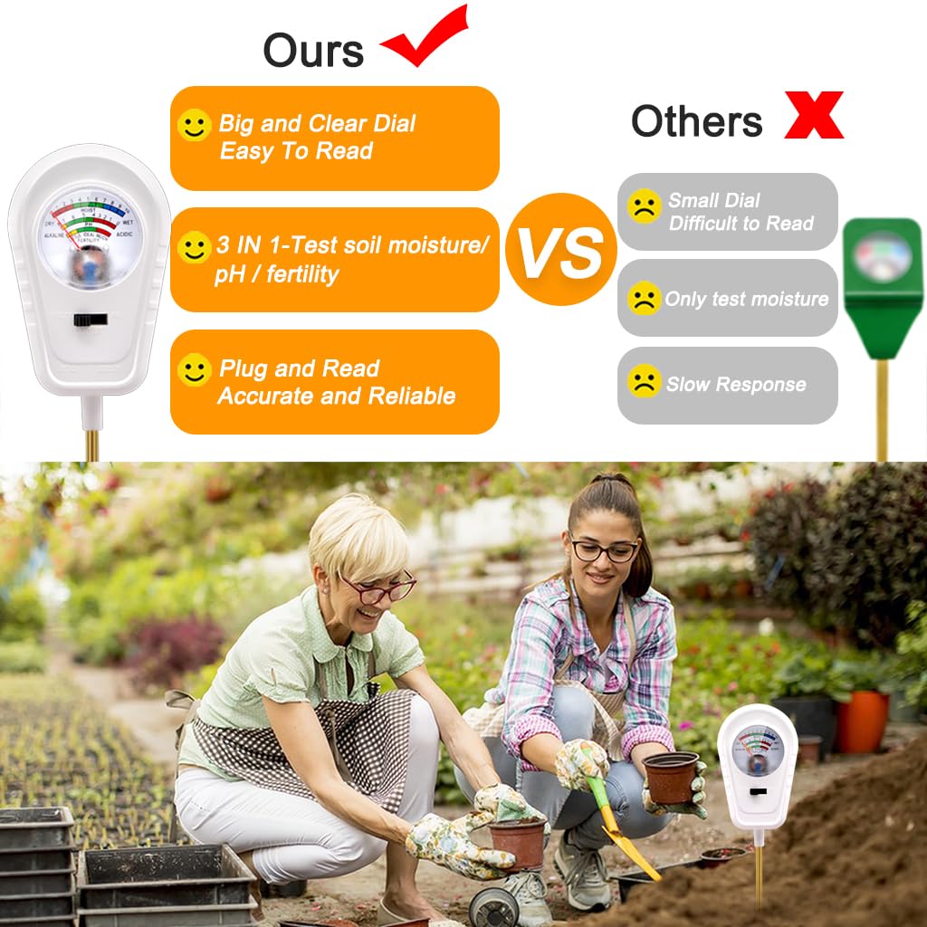 Aenncci Soil Test Kit 3-in-1, Soil Moisture Meter, Soil PH Meter, Fertility Soil Tester, Soil Tester for Garden, Lawn, Farm, Outdoor & Indoor Use (Snow Glow White)