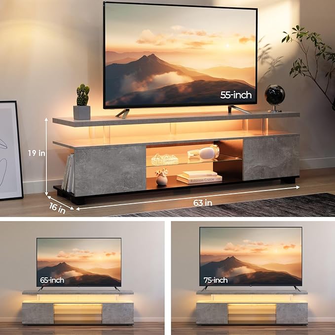 Cubehom Grey TV Stands for Living Room, Glass TV Stand, LED TV Stand for 75+