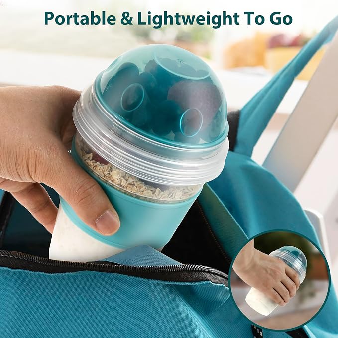 Freshmage Yogurt Parfait Cups with Lids, 2 Pack 20 oz Reusable Overnight Oats Containers with Lids, Topping Compartment & Spoon to Go for Breakfast Meal Prep, Portable & Lightweight (Blue&Green)