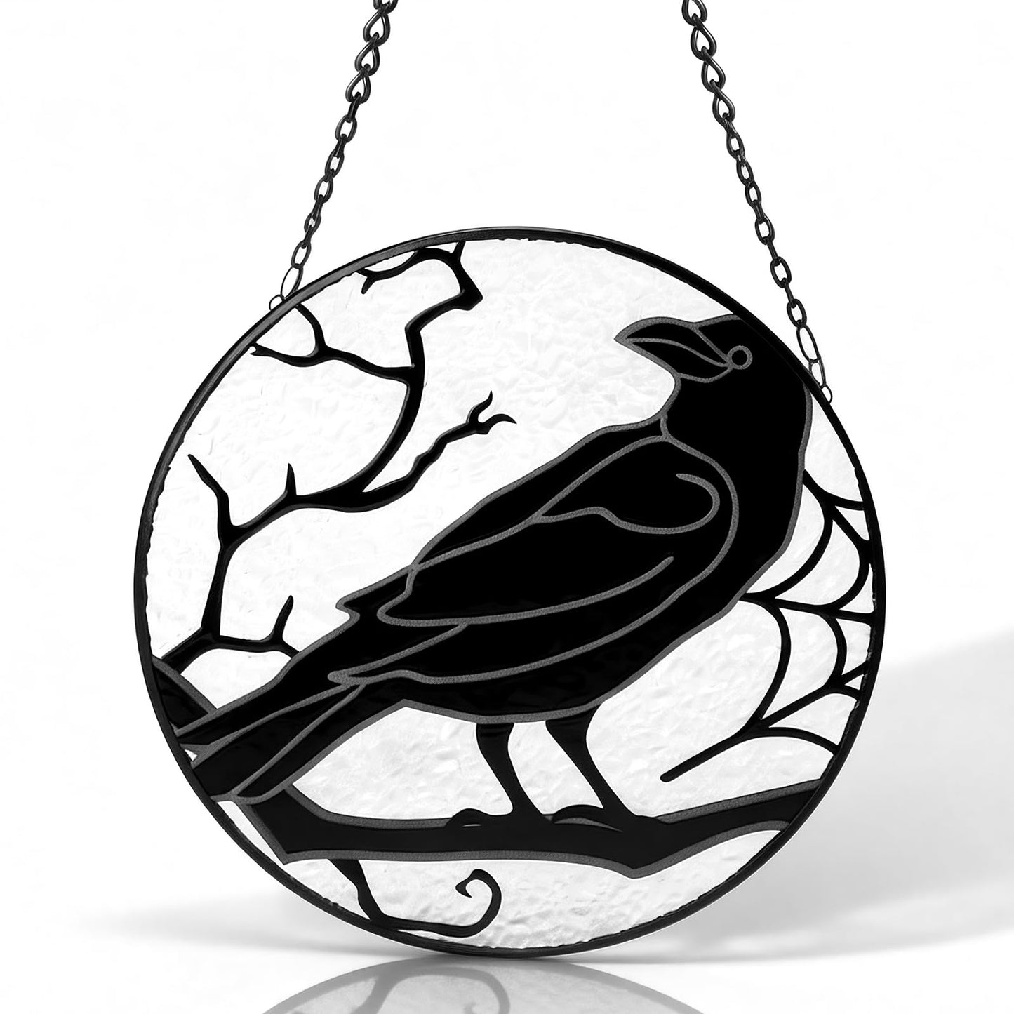 Raven Gothic Stained Glass Window Suncatcher Black Crow Sun Catcher Hanging Decor for Home, Garden, Patio & Halloween Real Hand-Painted Glass Ornament Ready to Hang Gift