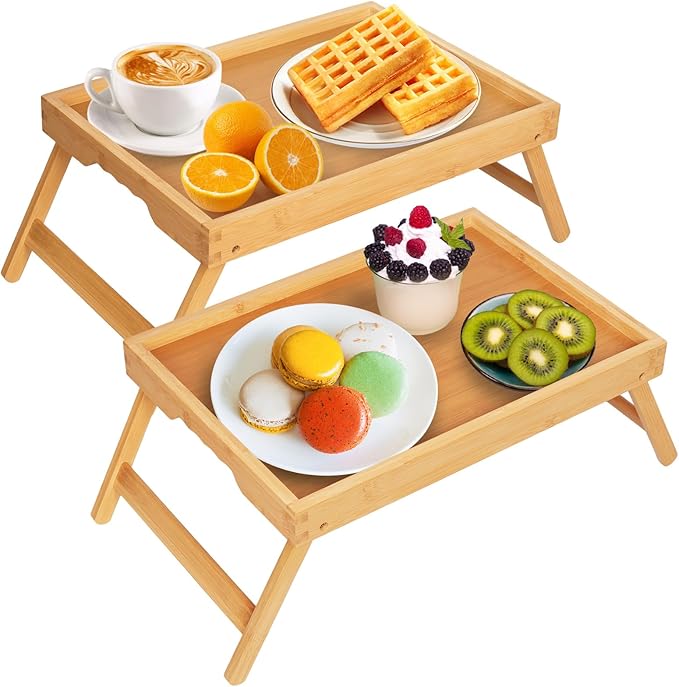 Artmeer Bed Tray Table with Folding Legs, Bamboo Breakfast in Bed