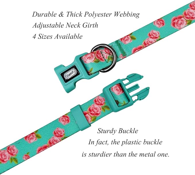 Dog Collar Leash Set, Floral Pattern, Polyester Material, Adjustable Collar and 5ft Matching Leash, for Medium Dogs.(M, Green Rose)