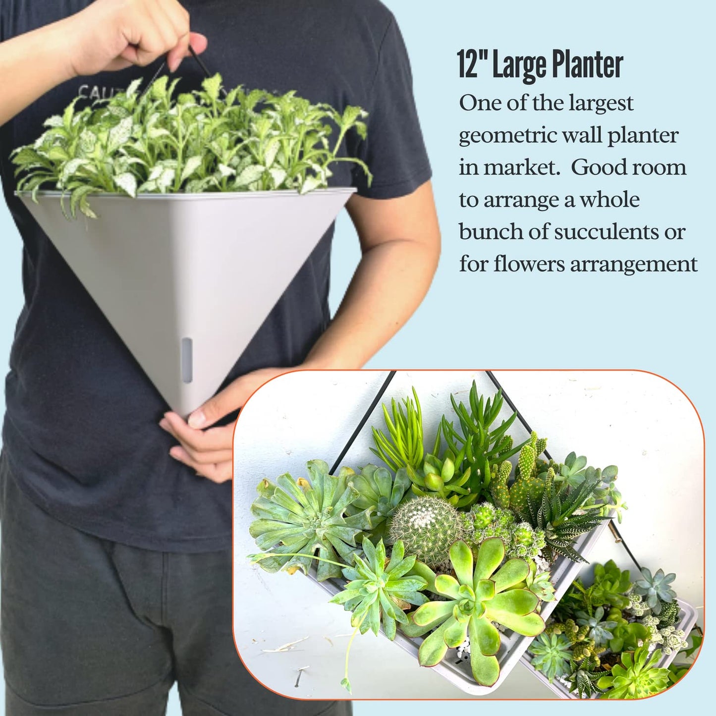 LaLaGreen Bundle - 12" x 2 Pack Gray + 12" x 2 Pack Black Large Self Watering Geometric Hanging Flower Vase Vessel with Metal Hanger, Modern Stylish Wall Mounted Succulent Pot Holder Decor