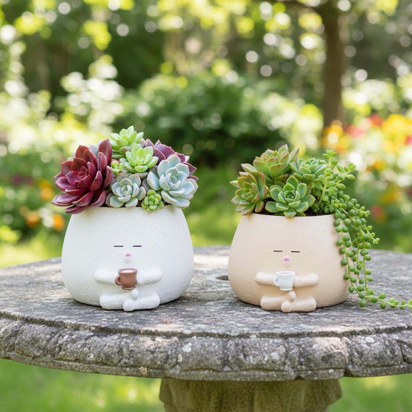Yhupl Cute Smiling face Coffee Cup Shaped Flower Pot, Unique Seated Resin Planter, with Drainage Holes, Creative Small Home Decoration, Suitable for Indoor and Outdoor Planting (Beige)