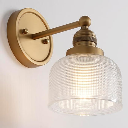 Gold Wall Sconces,Vintage Bathroom Vanity Light with Hand-Blowing Clear Glass Minimalist Brass Wall Sconce Light for Bathroom Mirror Living Room Bedroom Kitchen E26 Hardwire Indoor