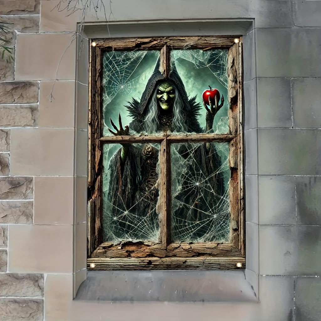 Tomhong Halloween Window Cover 31x47 Inch Witch Holding Apple Cobweb Horror WindowBanner Holiday Decoration Haunted House Indoor Outdoor Spooky Wall Decor