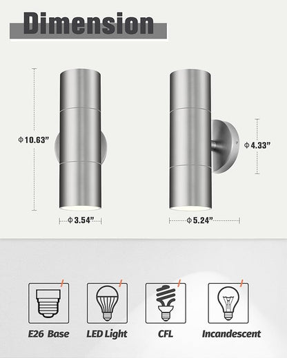 Ken & Ricky Stainless Steel Outdoor Wall Lights, Up Down Exterior Lighting Fixtures, Cylinder Outdoor Sconce Lights, Brushed Nickel Porch Lights for House, KR3305-SS-1PK