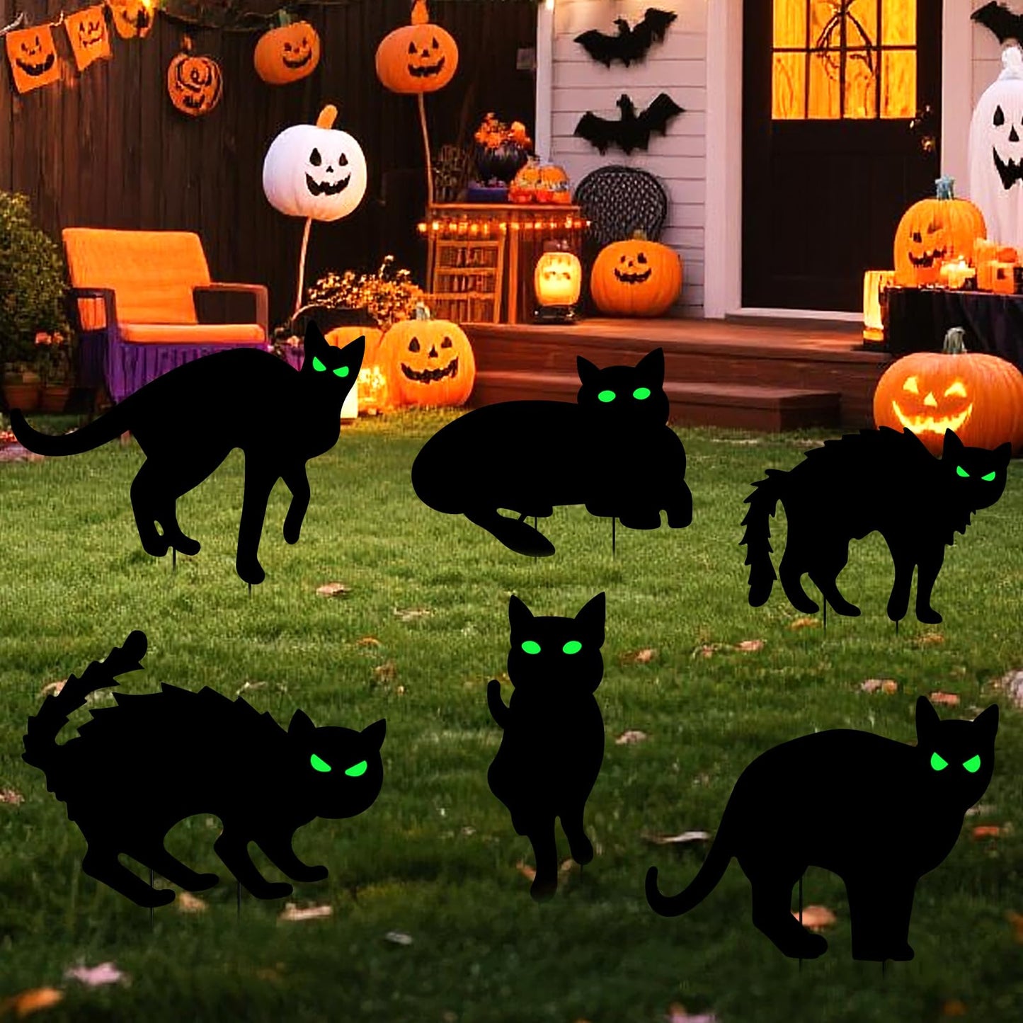 Wlicon 6 PCS Glowing Eyes Black Cat Halloween Yard Signs Halloween Black Cat Decorations Signs with Stakes and Glow-in-The-Dark Eyes Stickers Used for Outdoor Courtyard Lawn Garden Decoration
