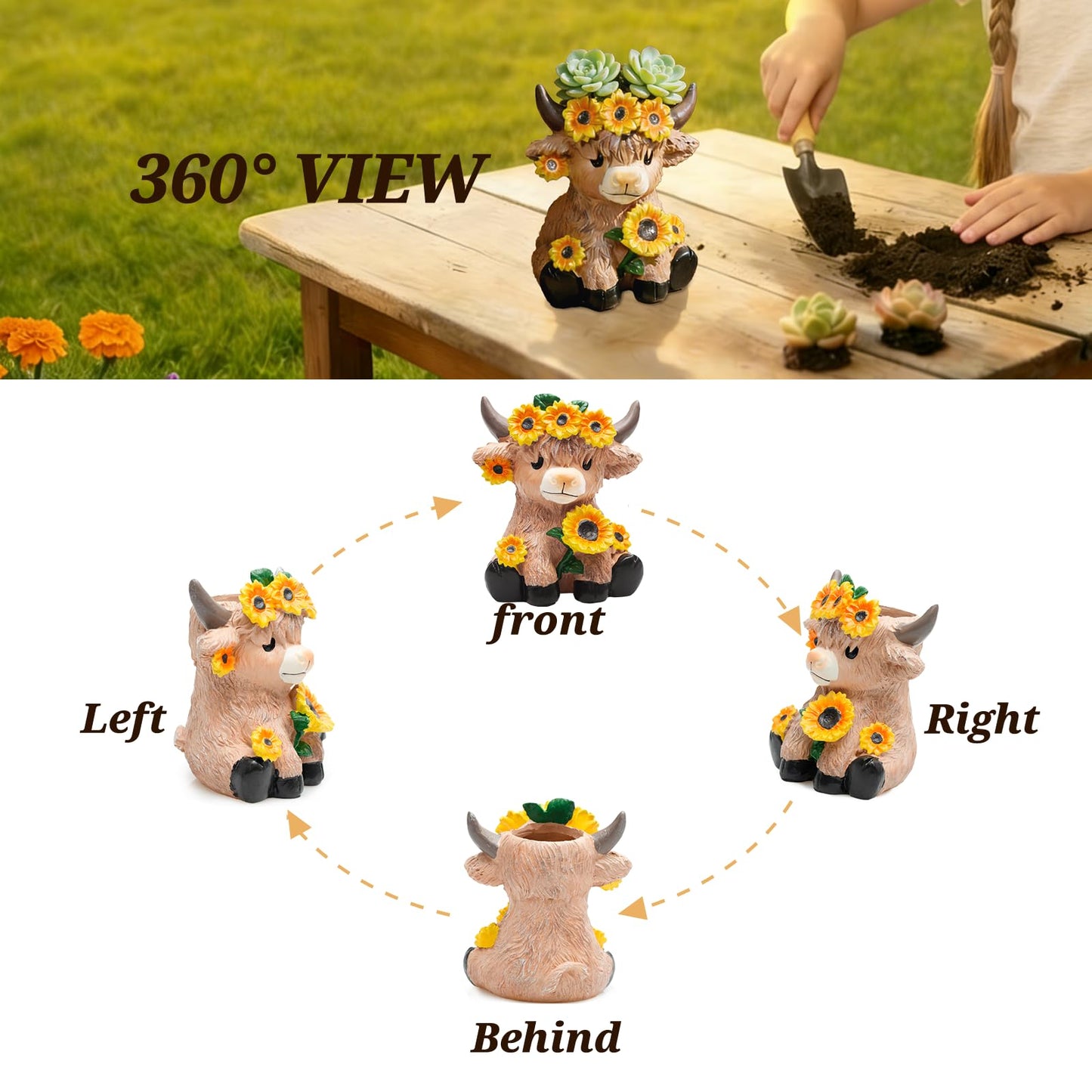 Cute Highland Cow Planter, 4.13 inch Resin Succulent Pot, Animal Planter with Drain, Mini Cows Flower Pots, Storage Containers for Outdoor Indoor Backyard Balcony Planters Home Garden Decor Gifts
