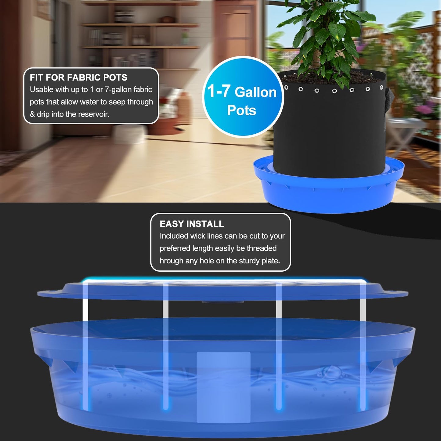 Molgoc Self-Watering Base with Visible Water Level,5-Pack,Keeps Leaves and Flying Insects Out,Maintains Water Quality, Equipped with Rollers for Easy Movement and Rotation, Blue.