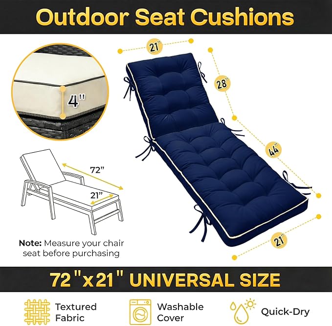 2 Pack 72x21 Inch Folding Chaise Lounge Cushion Quick Dry