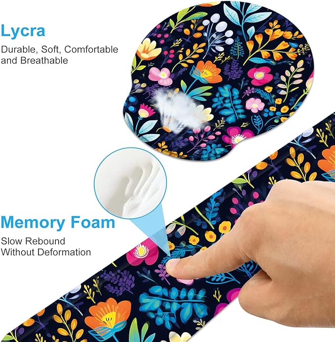 Keyboard Wrist Rest and Mouse Wrist Rest Pad with Cup Coaster,Made of Memory Foam,Ergonomic Support,Easy-Typing and Pain Relief,for Gaming Office Home Computer,Blooming Flower